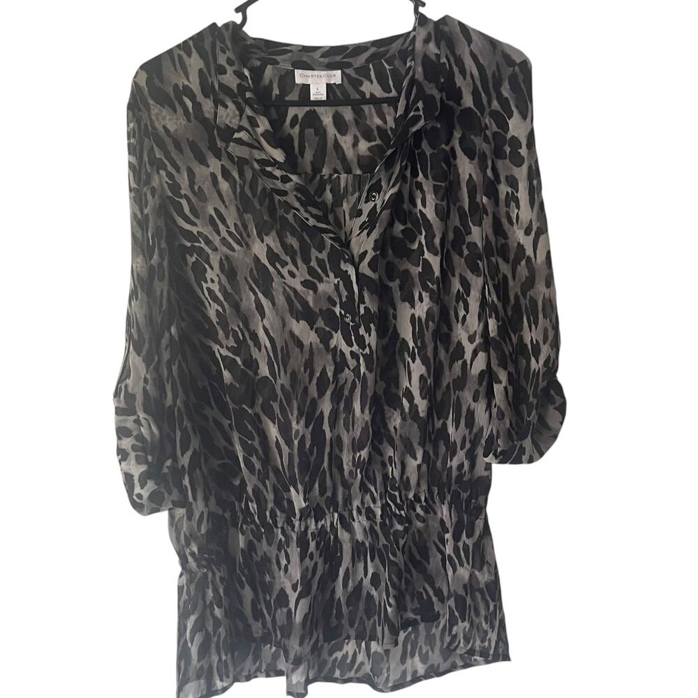 Charter Club Women's Size Large‎ Leopard Print Animal Sheer Black Top